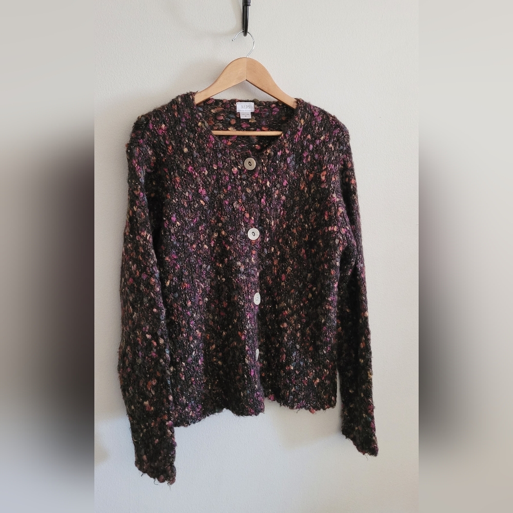 Speckled Knit Button-Front Cardigan in Dark Brown with Pink